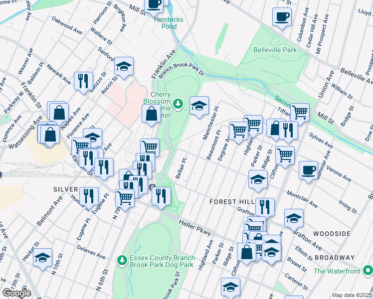 map of restaurants, bars, coffee shops, grocery stores, and more near 341 Montclair Avenue in Newark