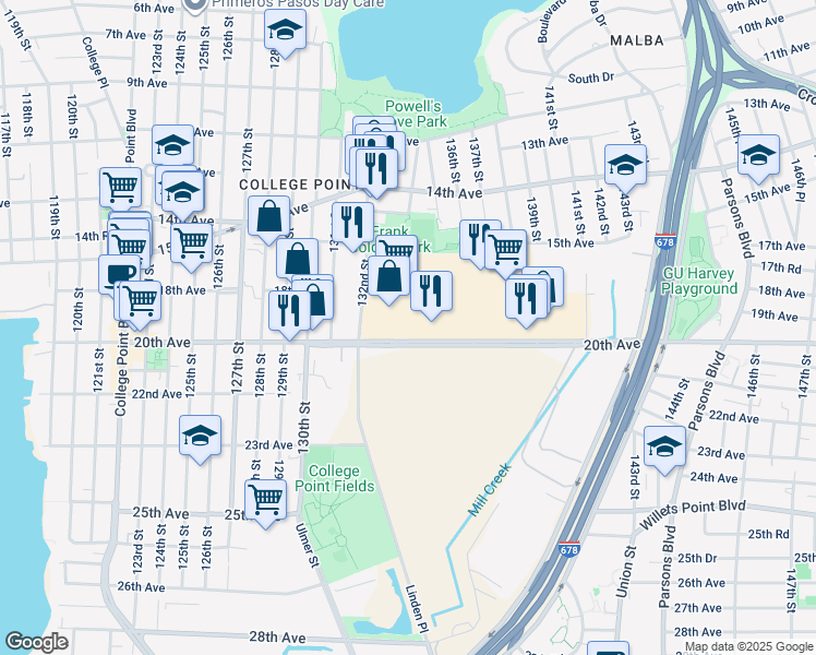 map of restaurants, bars, coffee shops, grocery stores, and more near 13401 20th Avenue in Queens