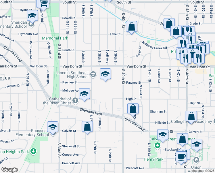 map of restaurants, bars, coffee shops, grocery stores, and more near 2930 South 37th Street in Lincoln