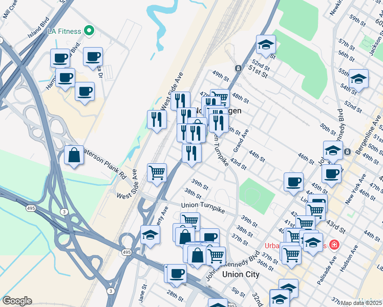 map of restaurants, bars, coffee shops, grocery stores, and more near 1728 41st Street in North Bergen