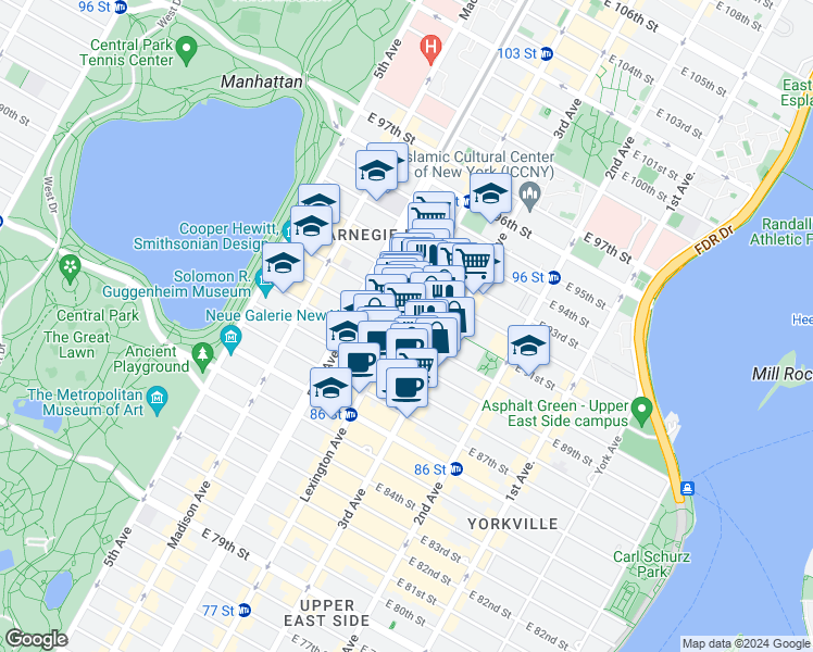 map of restaurants, bars, coffee shops, grocery stores, and more near 147 East 90th Street in New York