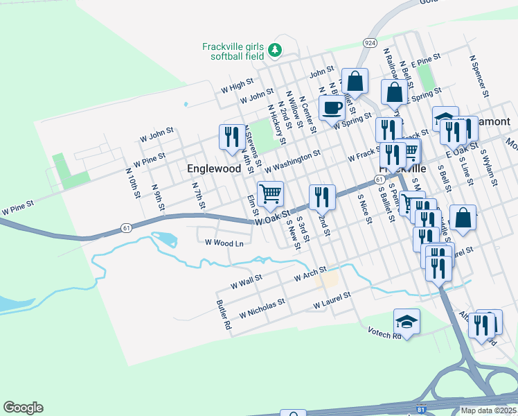 map of restaurants, bars, coffee shops, grocery stores, and more near 28 South 4th Street in Frackville
