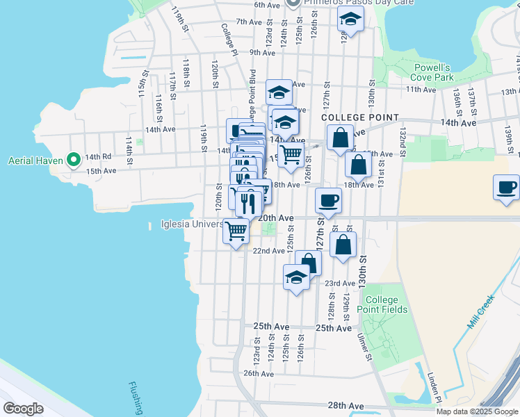 map of restaurants, bars, coffee shops, grocery stores, and more near 18-40 123rd Street in Queens