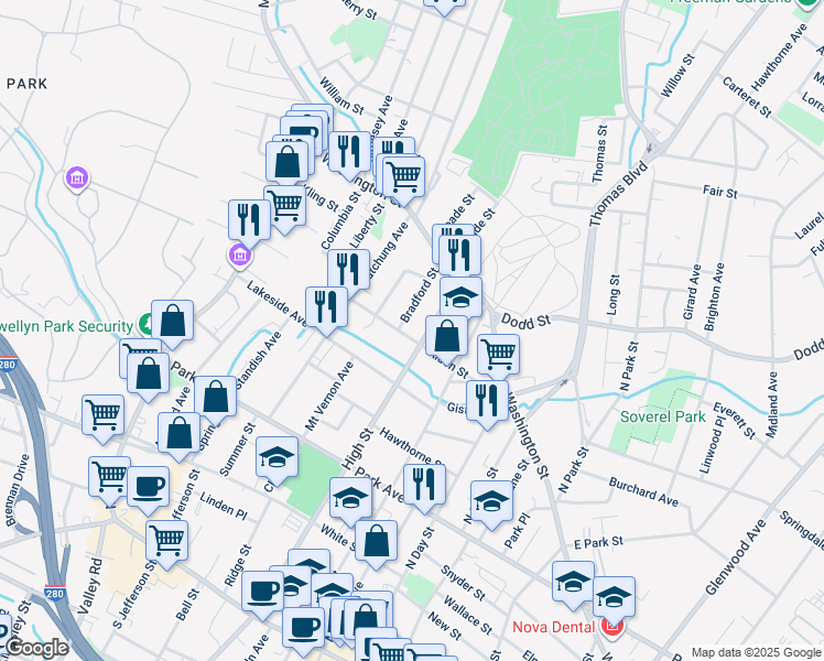 map of restaurants, bars, coffee shops, grocery stores, and more near 419 Alden Street in City of Orange
