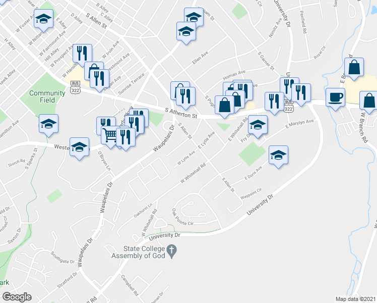 map of restaurants, bars, coffee shops, grocery stores, and more near 119 West Lytle Avenue in State College