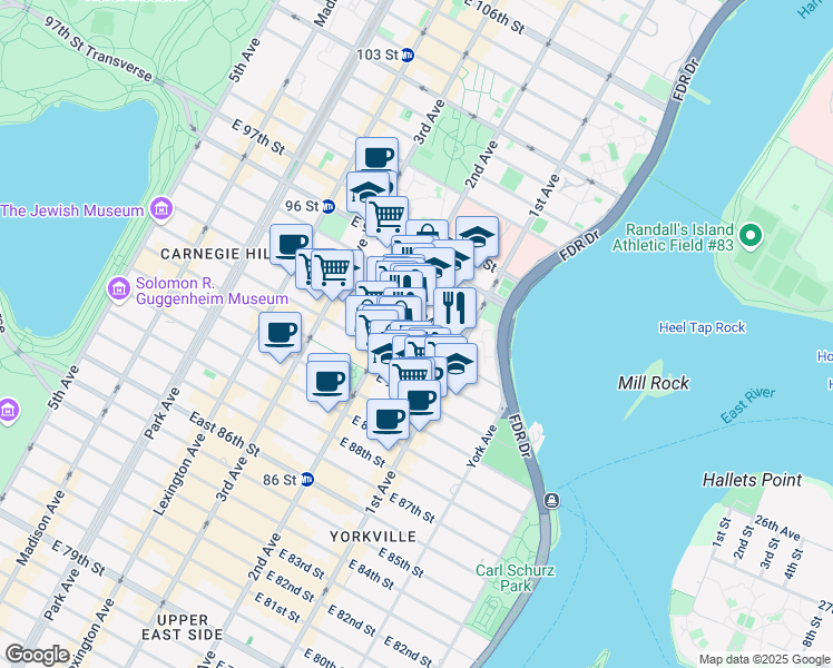 map of restaurants, bars, coffee shops, grocery stores, and more near 313 East 93rd Street in New York