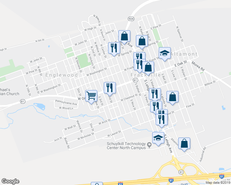 map of restaurants, bars, coffee shops, grocery stores, and more near 116 South Center Street in Frackville