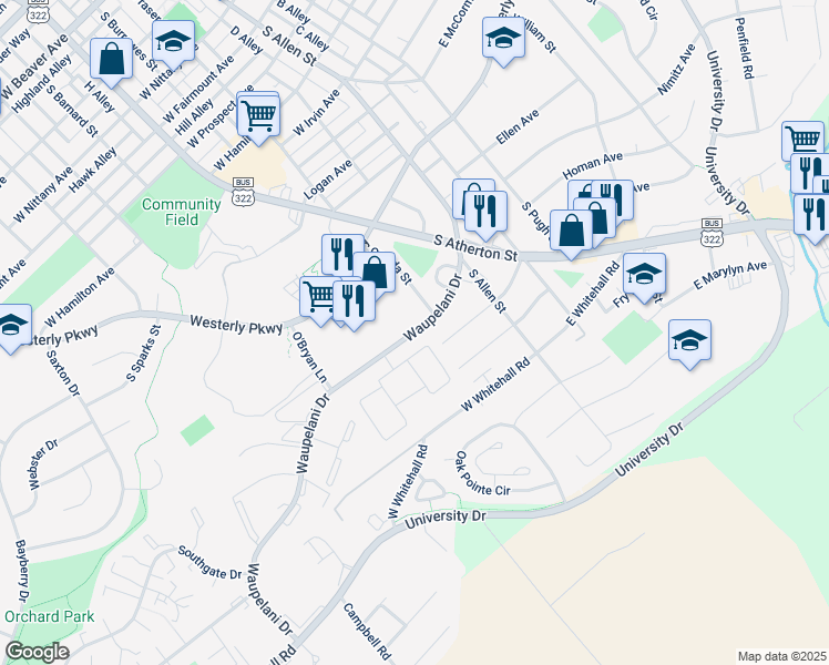 map of restaurants, bars, coffee shops, grocery stores, and more near  in State College