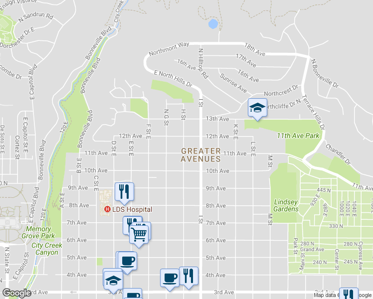 map of restaurants, bars, coffee shops, grocery stores, and more near 551 11th Avenue in Salt Lake City