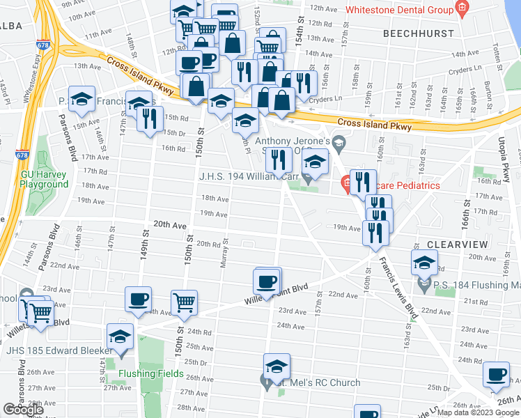 map of restaurants, bars, coffee shops, grocery stores, and more near 151-50 18th Avenue in Queens