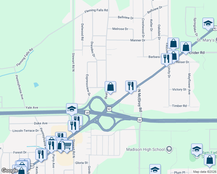 map of restaurants, bars, coffee shops, grocery stores, and more near 876 Beal Road in Mansfield