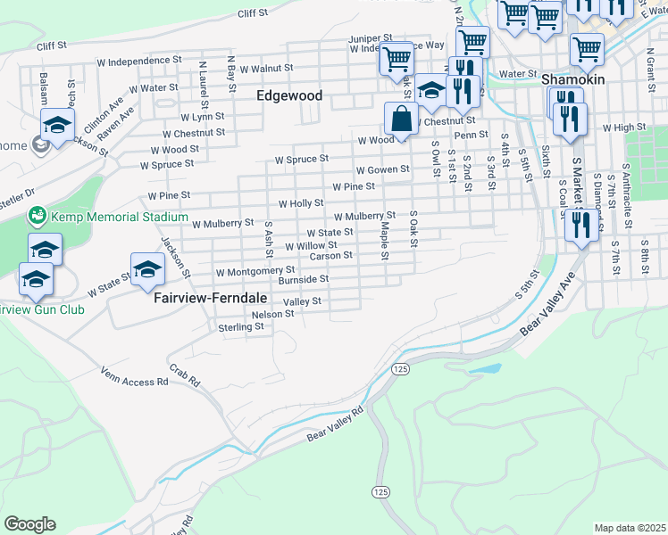 map of restaurants, bars, coffee shops, grocery stores, and more near West Montgomery Street in Northumberland County