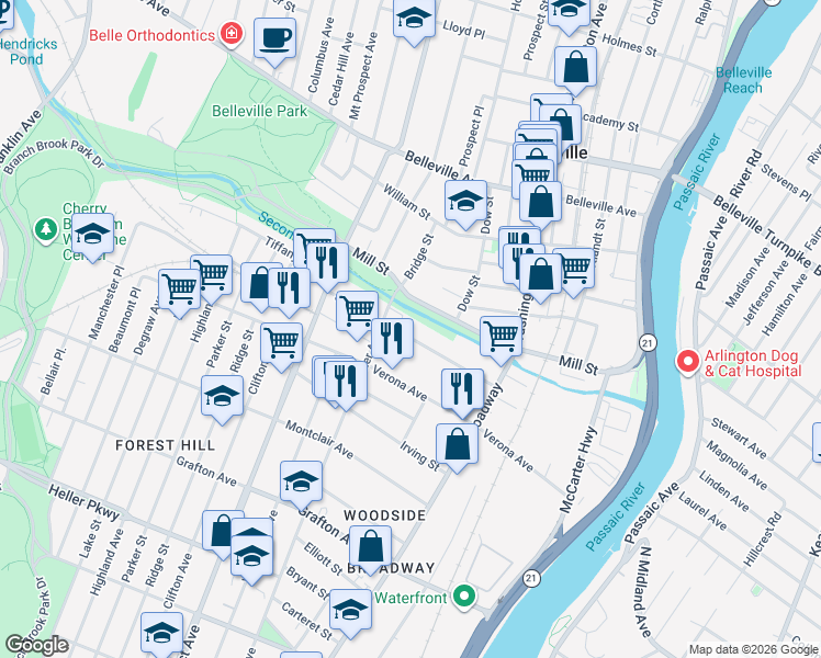 map of restaurants, bars, coffee shops, grocery stores, and more near 157 Sylvan Avenue in Newark