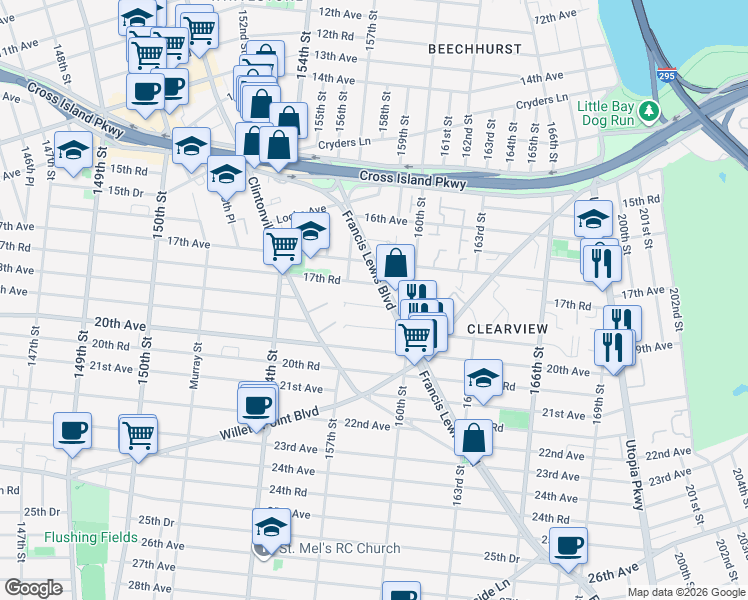 map of restaurants, bars, coffee shops, grocery stores, and more near 157-33 18th Avenue in Queens