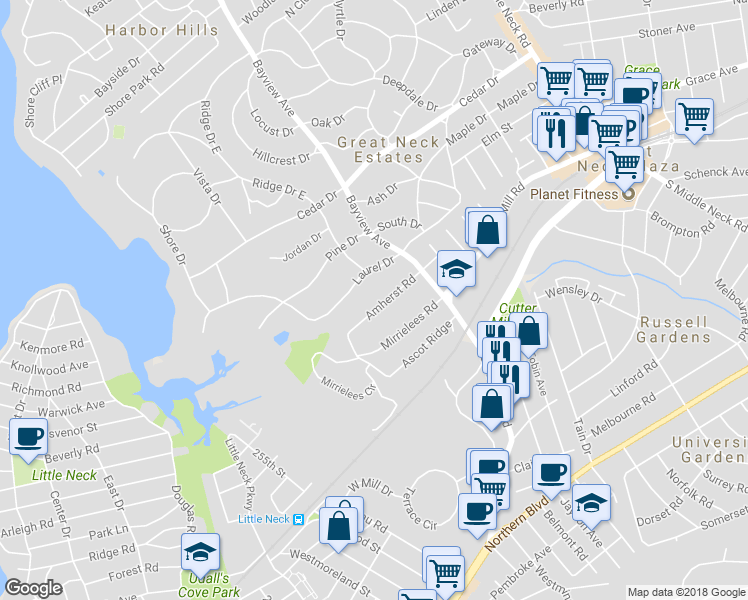 map of restaurants, bars, coffee shops, grocery stores, and more near 19 Amherst Road in Great Neck