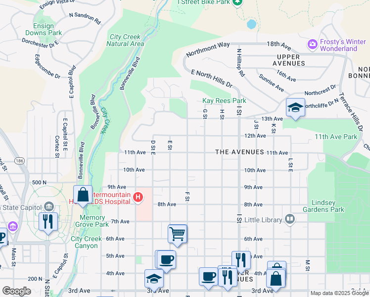 map of restaurants, bars, coffee shops, grocery stores, and more near 437 East 11th Avenue in Salt Lake City