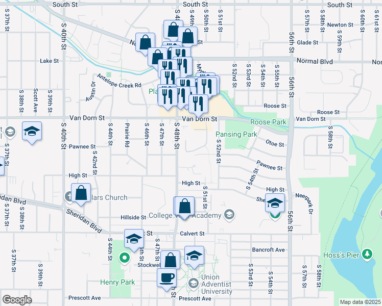 map of restaurants, bars, coffee shops, grocery stores, and more near 68 South 51st Street Court in Lincoln
