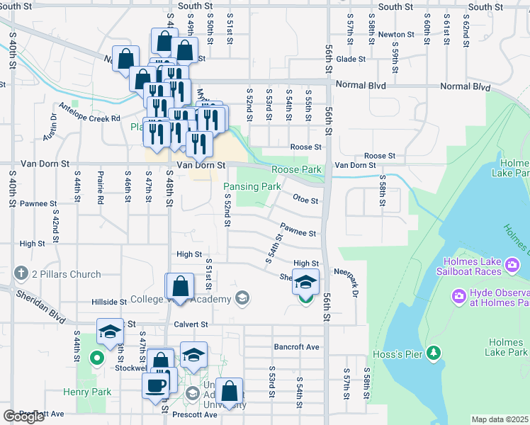 map of restaurants, bars, coffee shops, grocery stores, and more near 3021 South 53rd Street in Lincoln