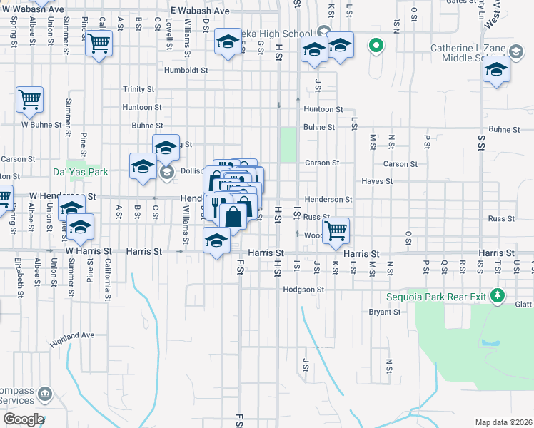 map of restaurants, bars, coffee shops, grocery stores, and more near 2904 G Street in Eureka