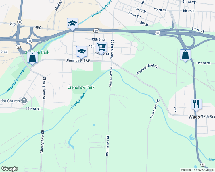 map of restaurants, bars, coffee shops, grocery stores, and more near 1545 Warner Road Southeast in Canton