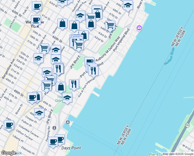 map of restaurants, bars, coffee shops, grocery stores, and more near 20 Avenue at Port Imperial in West New York