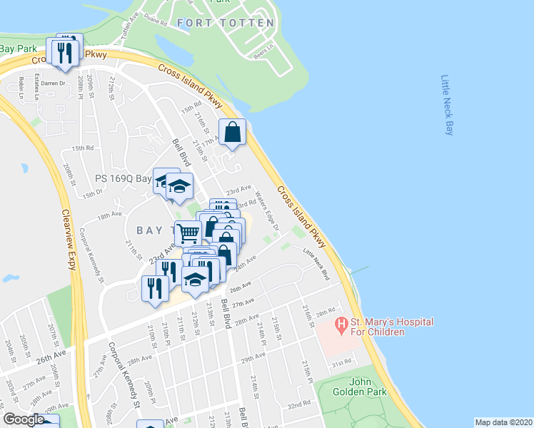 map of restaurants, bars, coffee shops, grocery stores, and more near 23-50 Waters Edge Drive in Queens
