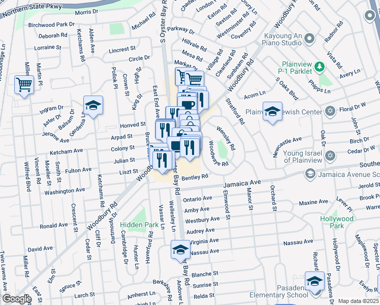 map of restaurants, bars, coffee shops, grocery stores, and more near 419 South Oyster Bay Road in Plainview