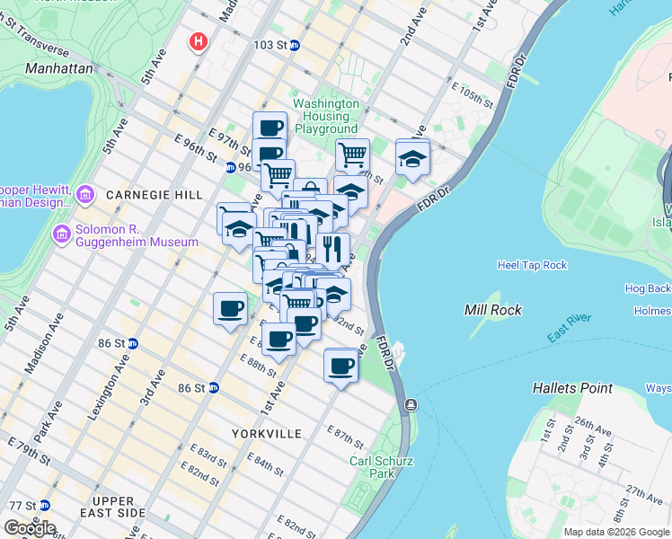 map of restaurants, bars, coffee shops, grocery stores, and more near 345 East 94th Street in New York