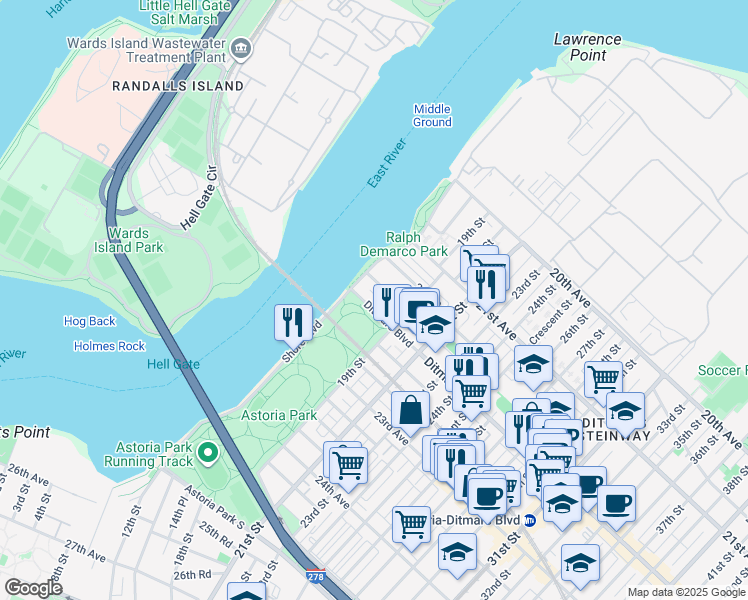 map of restaurants, bars, coffee shops, grocery stores, and more near 18-29 Ditmars Boulevard in Queens