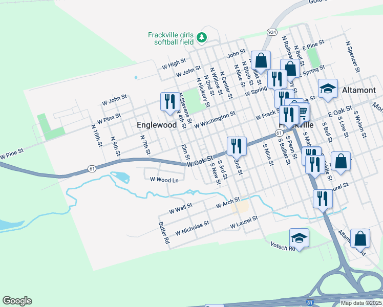 map of restaurants, bars, coffee shops, grocery stores, and more near 28 South 4th Street in Frackville