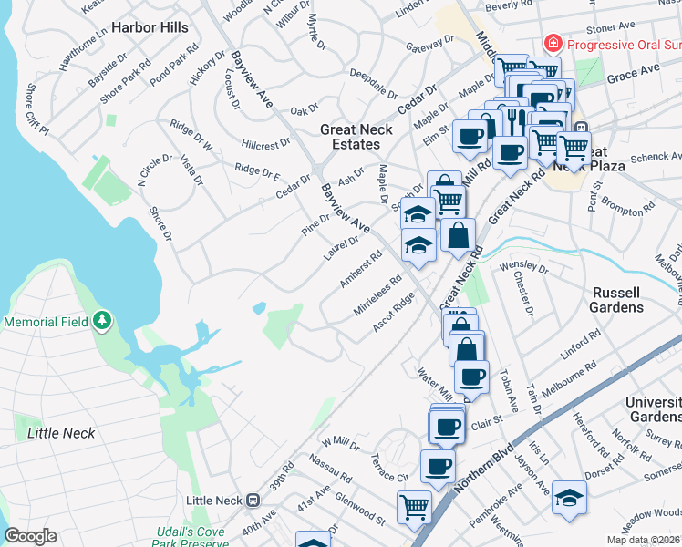 map of restaurants, bars, coffee shops, grocery stores, and more near 20 Amherst Road in Great Neck