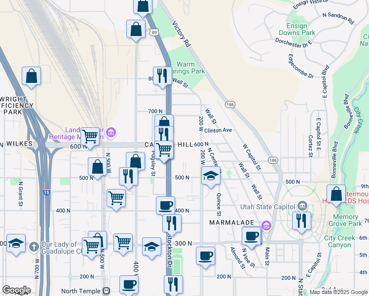 map of restaurants, bars, coffee shops, grocery stores, and more near 239 West 600 North in Salt Lake City