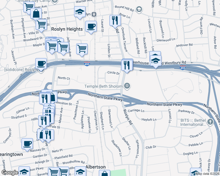 map of restaurants, bars, coffee shops, grocery stores, and more near 238 Parkside Drive in Roslyn Heights