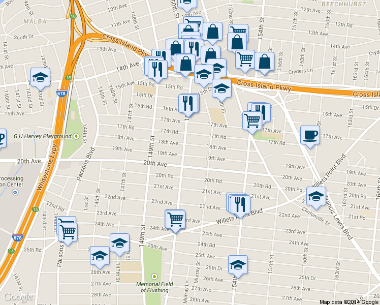 map of restaurants, bars, coffee shops, grocery stores, and more near 150-11 19th Avenue in Queens