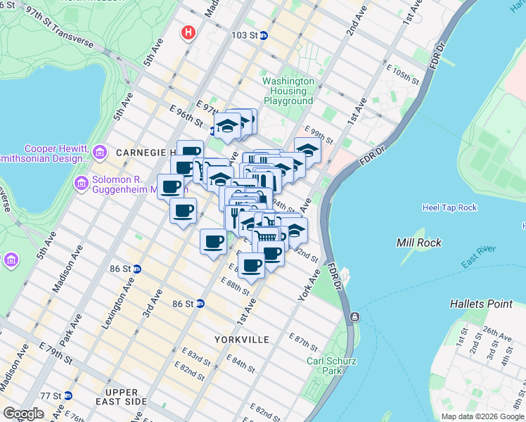 map of restaurants, bars, coffee shops, grocery stores, and more near 240 East 93rd Street in New York