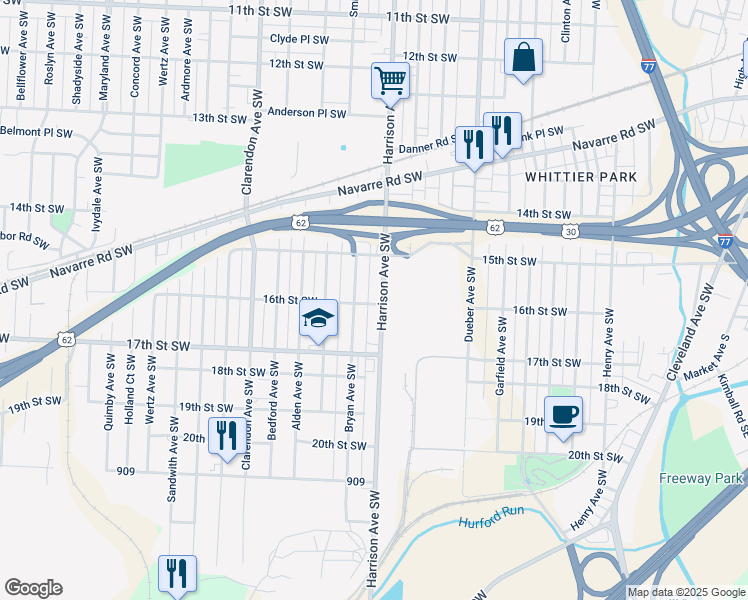 map of restaurants, bars, coffee shops, grocery stores, and more near 1601 Harrison Avenue Southwest in Canton