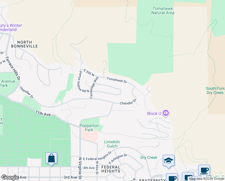map of restaurants, bars, coffee shops, grocery stores, and more near 1416 Perrys Hollow Drive North in Salt Lake City
