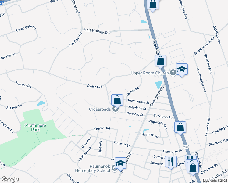 map of restaurants, bars, coffee shops, grocery stores, and more near 6 Maryland Street in Dix Hills