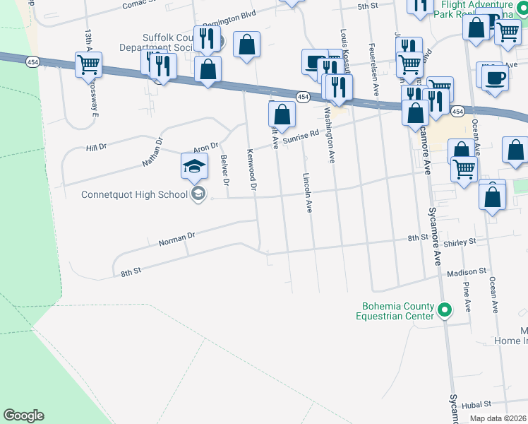 map of restaurants, bars, coffee shops, grocery stores, and more near 108 Kenwood Drive in Bohemia