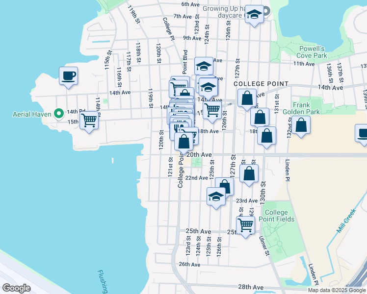 map of restaurants, bars, coffee shops, grocery stores, and more near 18-43 121st Street in Queens