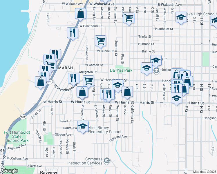 map of restaurants, bars, coffee shops, grocery stores, and more near Union Street & West Russ Street in Eureka
