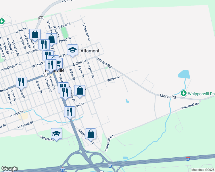 map of restaurants, bars, coffee shops, grocery stores, and more near 314 South Spencer Street in Frackville