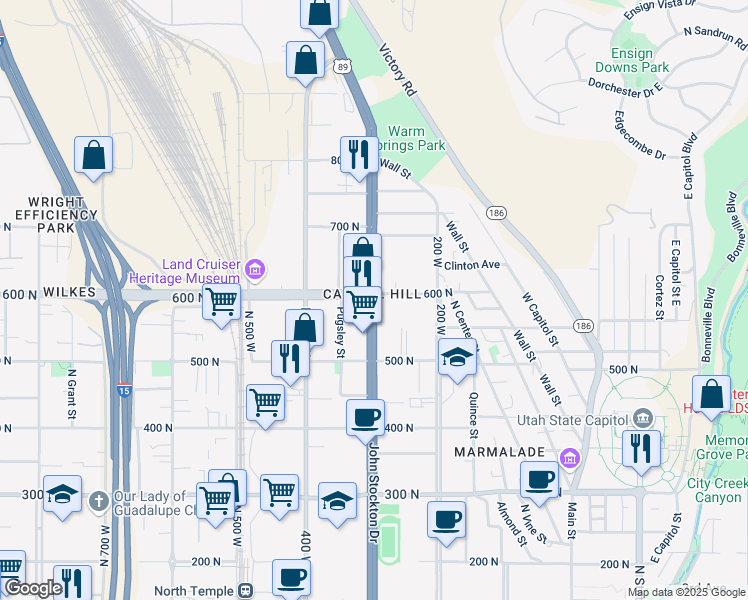 map of restaurants, bars, coffee shops, grocery stores, and more near 569 North 300 West in Salt Lake City