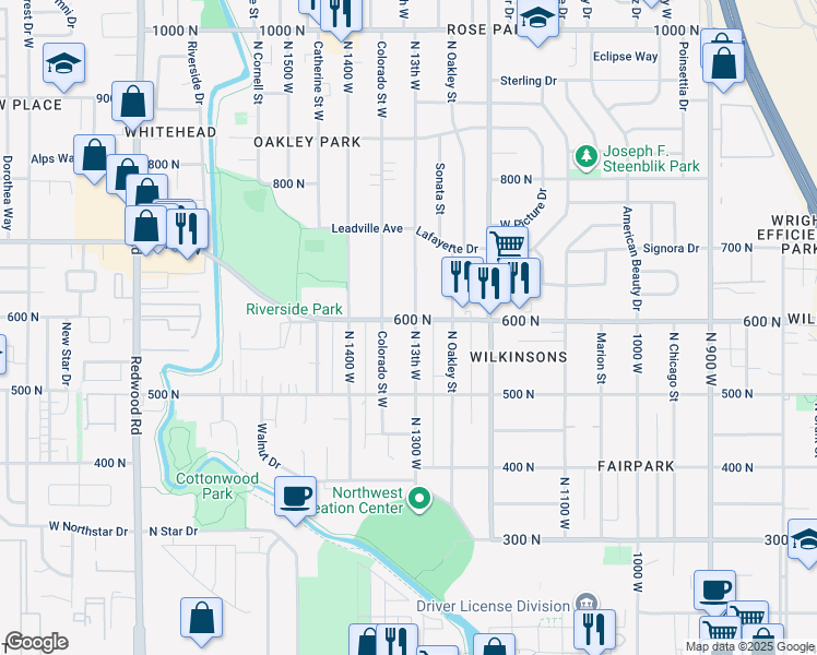 map of restaurants, bars, coffee shops, grocery stores, and more near 585 North 1300 West in Salt Lake City