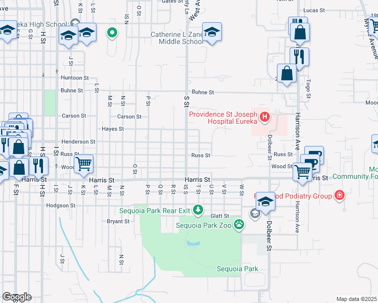 map of restaurants, bars, coffee shops, grocery stores, and more near 2831 S Street in Eureka
