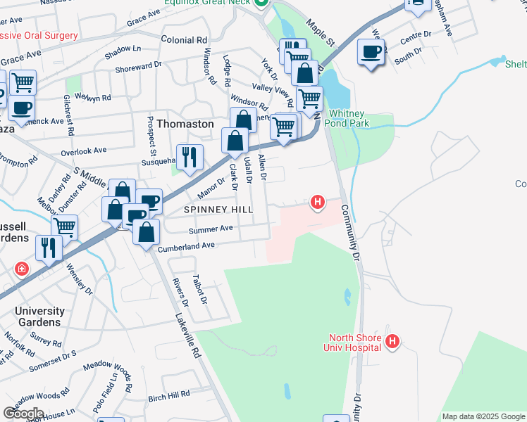 map of restaurants, bars, coffee shops, grocery stores, and more near 114 Allen Drive in Great Neck