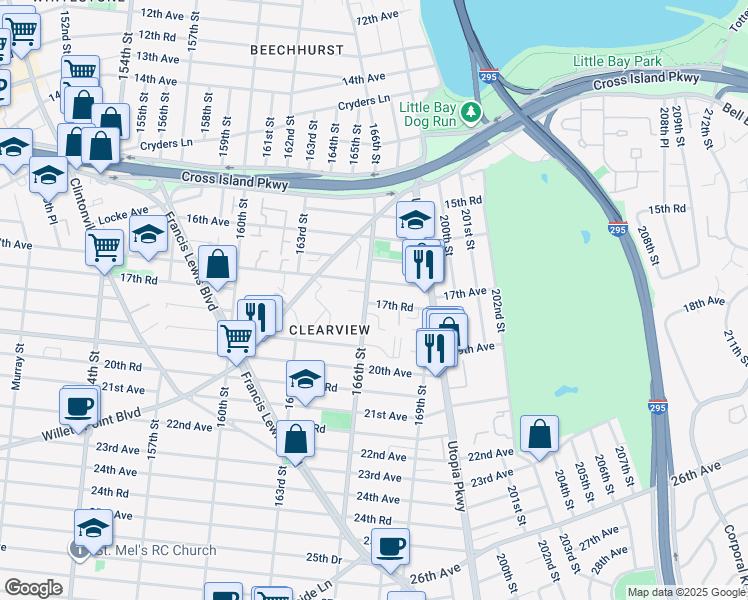map of restaurants, bars, coffee shops, grocery stores, and more near 166-2 17th Road in Queens