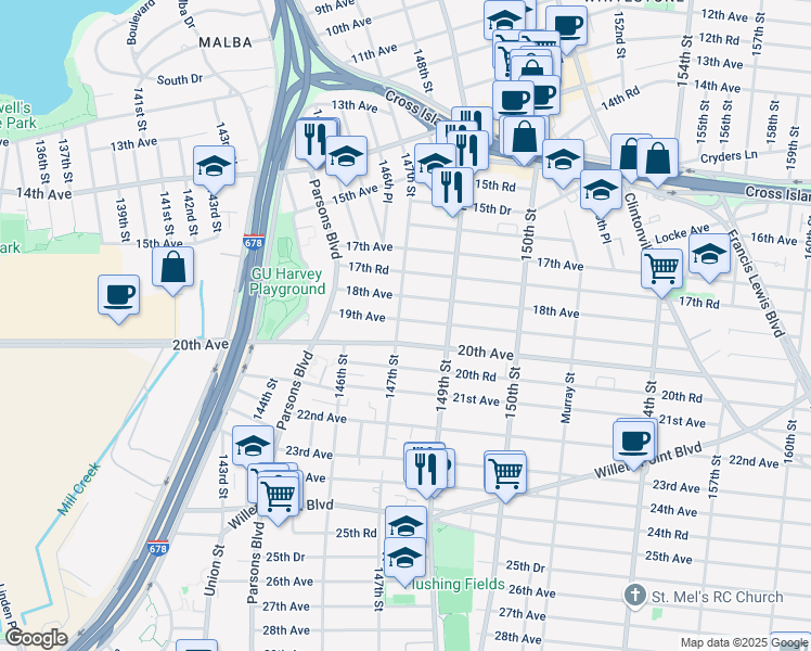 map of restaurants, bars, coffee shops, grocery stores, and more near 147-22 19th Avenue in Queens