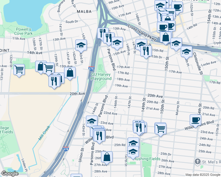 map of restaurants, bars, coffee shops, grocery stores, and more near 19-71 Parsons Boulevard in Queens