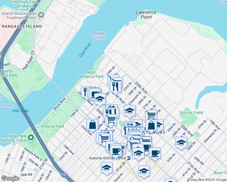 map of restaurants, bars, coffee shops, grocery stores, and more near 21-15 21st Avenue in Queens